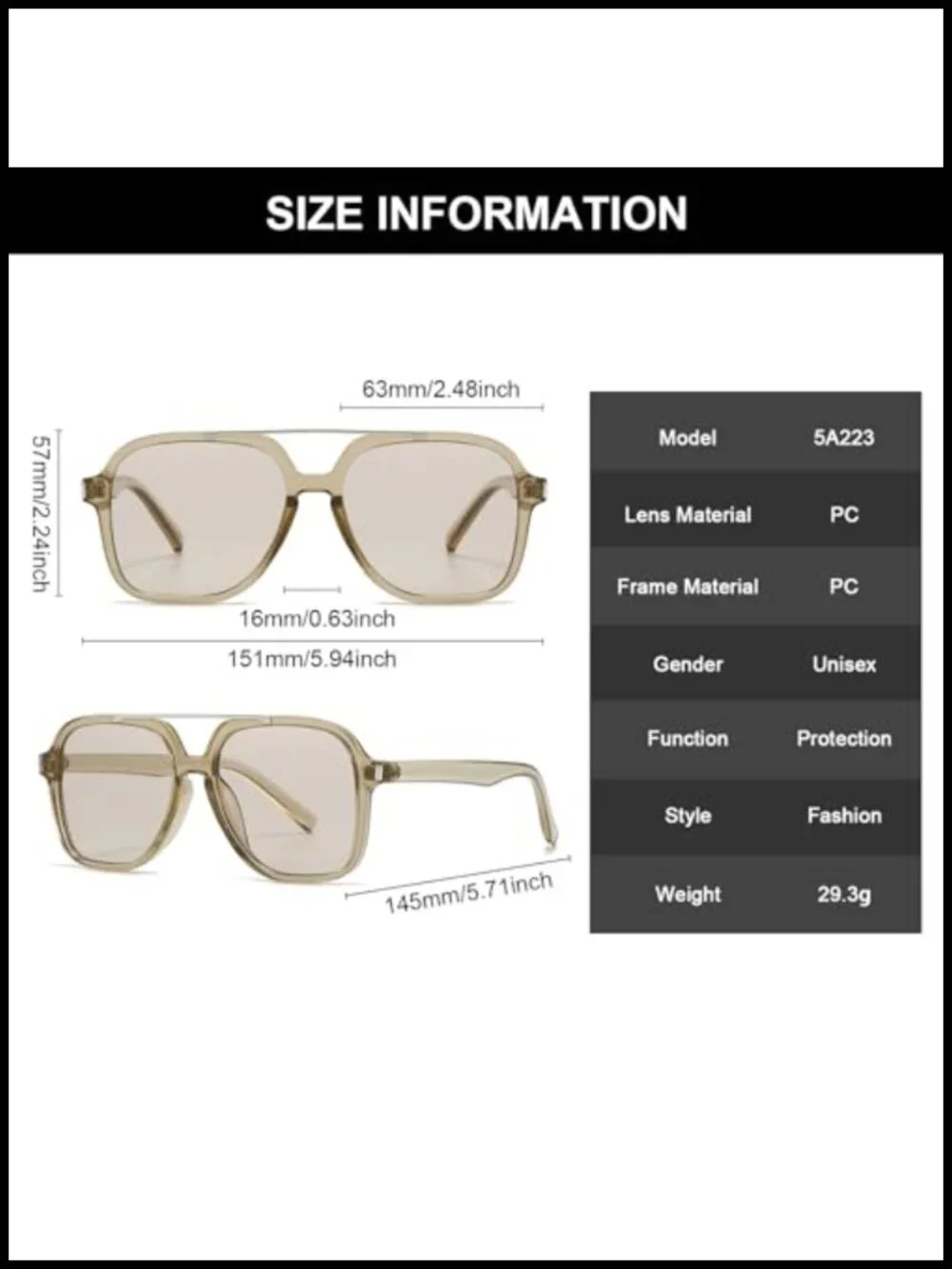 Retro Pilot Square Sunglasses UV400 Protection Double Bridge Rectangle Shade